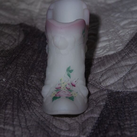 Signed Hand Painted Fenton Custard Glass Slipper - Picture 2 of 5